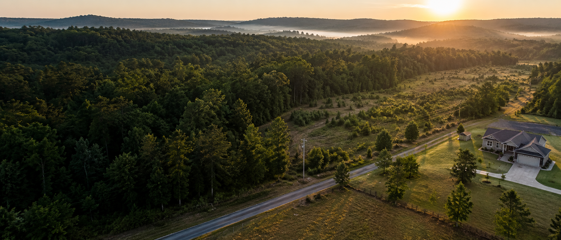 Aerial view of wooded land, road access, utilities, and a nearby house